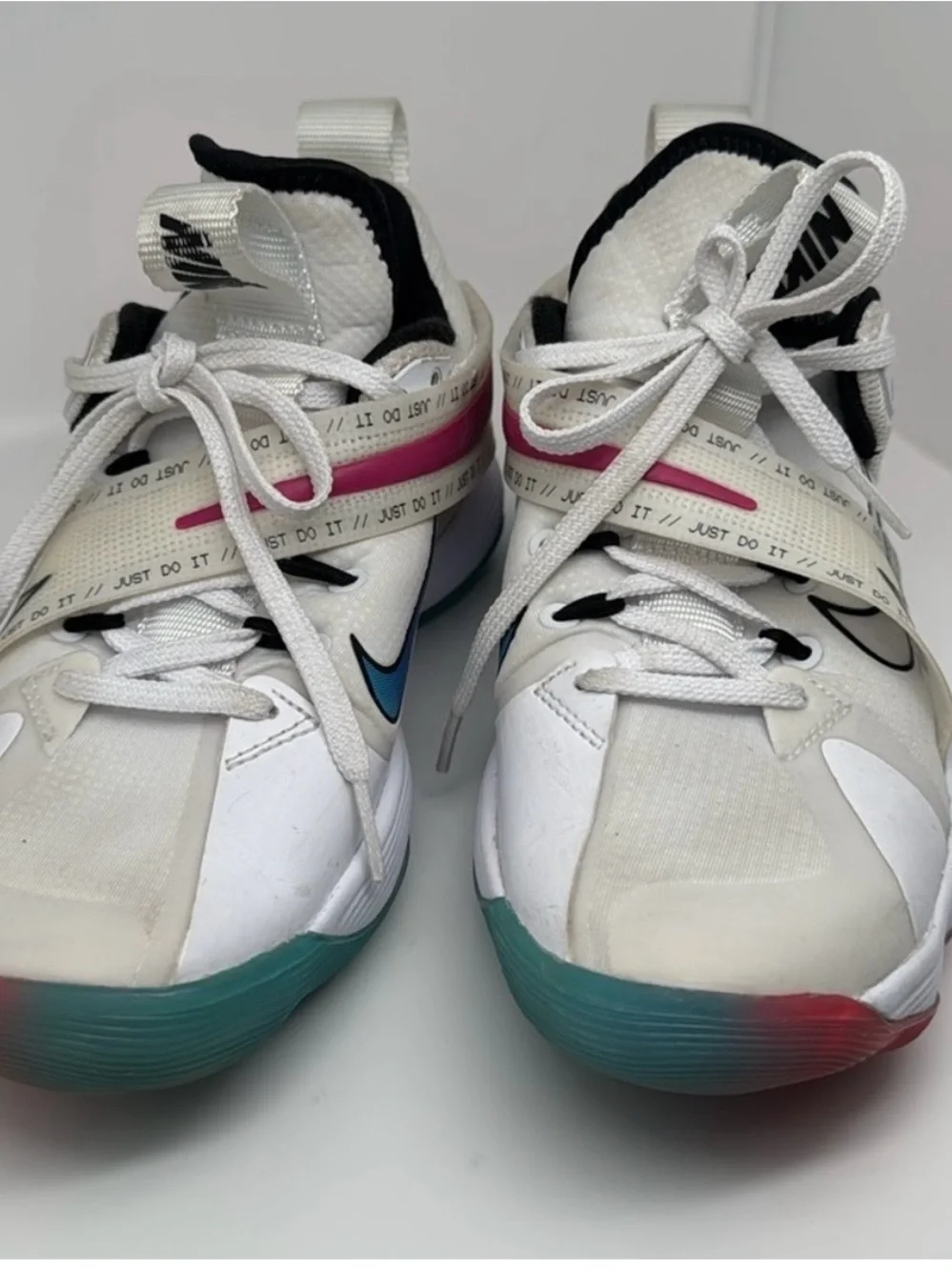 Nike White Volleyball/Basketball Shoes with Blue and Pink Accents